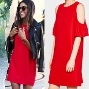 Zara Ruffle Cold Shoulder Dress- Red